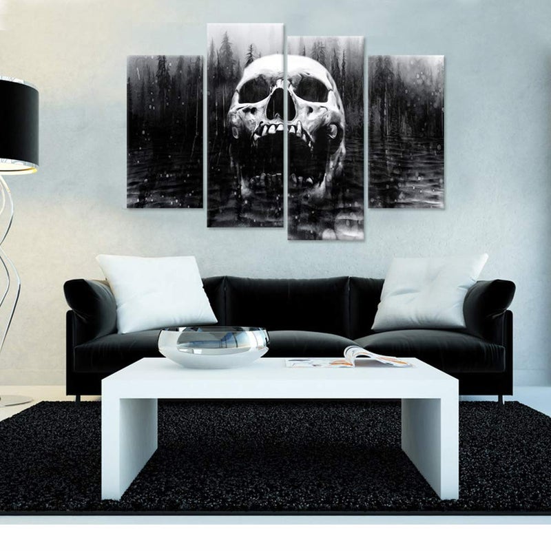 iHAPPYWALL Halloween Day of Dead Skull in Dark Foggy Lake Abstract Black and White Contemporary Picture Print 4 Panel Large Canavs for Modern Home Decoration Ready to Hang - Image 2